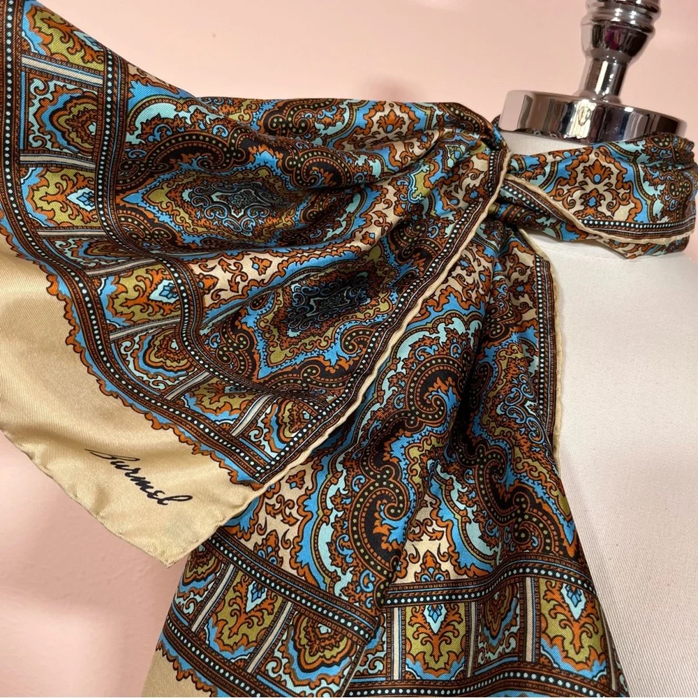 Vintage 1960 70 Burmel Mod Camel Brown blue Silk Made in Italy long Skinny Scarf